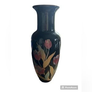 JAPANESE BLACK VASE FLORAL TULIPS MARKED BOTTOM